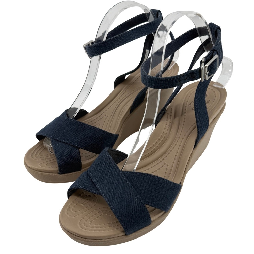 Crocs Leigh II Cross Strap Ankle Wedge Sandal Navy Blue Tan Women 10 Strappy Y2K